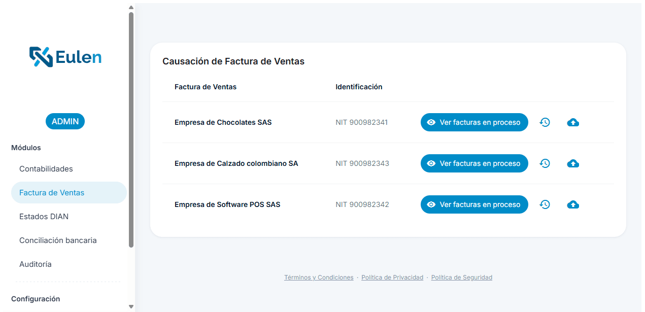 Plataforma Eulen, módulo de Factura de Ventas con la lista de causaciones en proceso